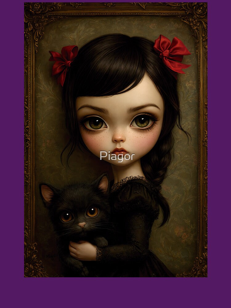 The Girl and Her Shadow Cat. Pop Surrealism Portrait inspired by Mark Ryden. Lowbrow art.. by Piagor