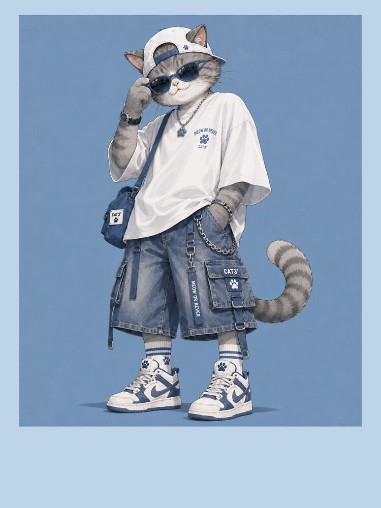 Catrio Gray Cat Denim Cargo Streetwear by Mindworx21