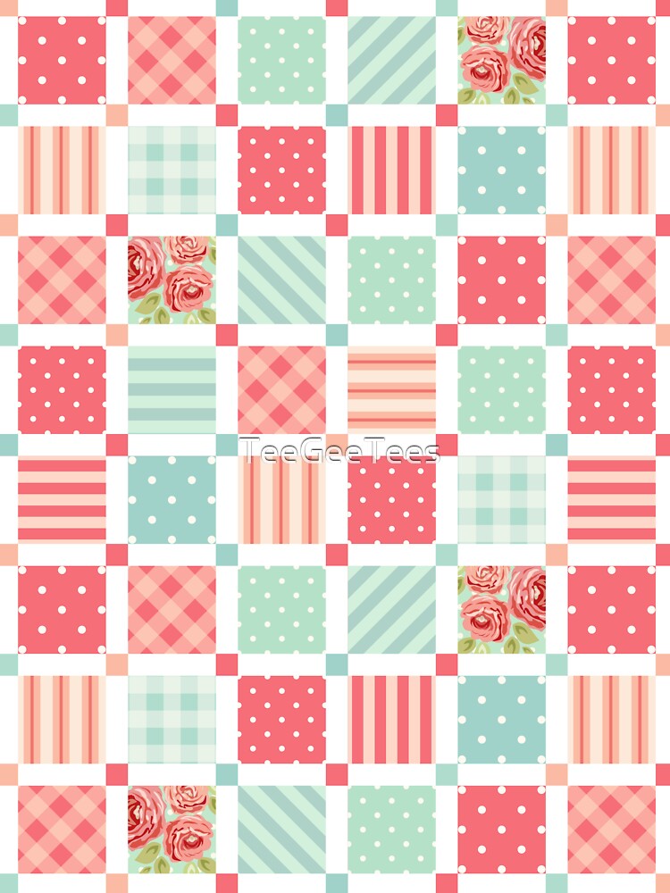 Floral, Stripe and Spots on Pink Red Square Pattern by TeeGeeTees