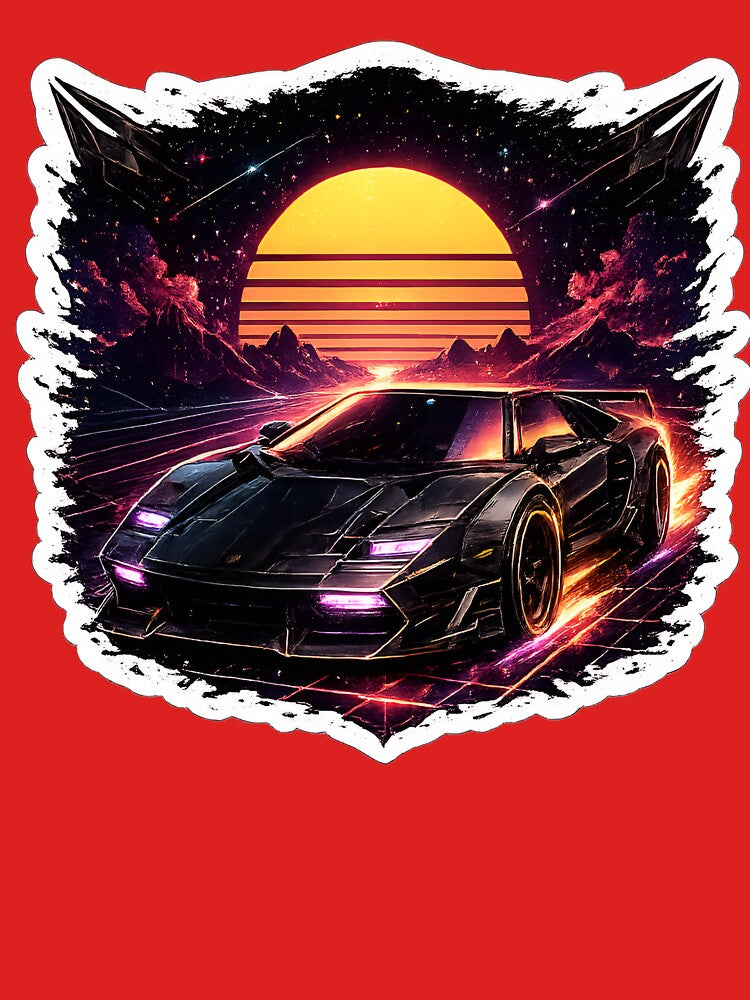 Retro Future 1980s Synthwave Sports Car with Outrun Sunset Grid by RiteshCenter