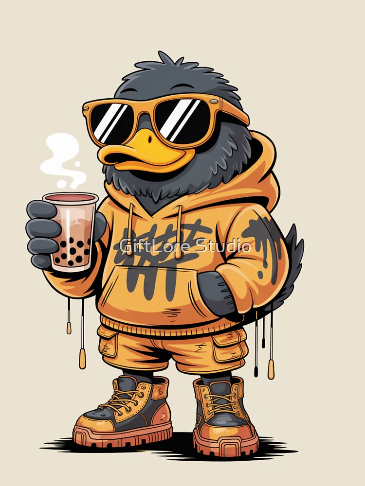 Cool Duck Drinking Boba T-Shirt | Streetwear Drip Duck Cartoon | Bubble Tea Lover Graphic Hoodie Design by GiftLore Studio