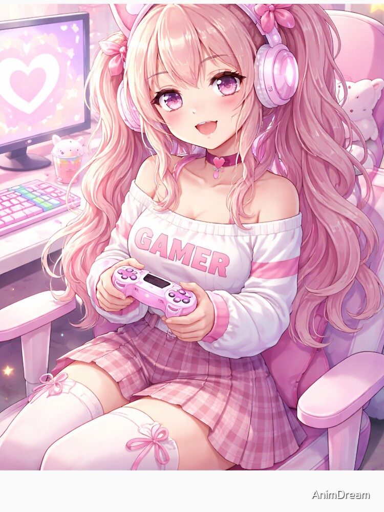Cute Gamer Girl Anime Aesthetic – Kawaii Gaming Setup Pink Egirl Art by AnimDream