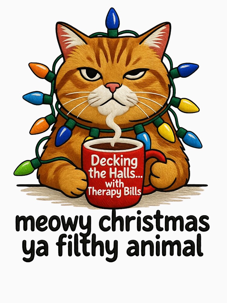 Meowy Christmas Ya Filthy Animal Funny Cat Christmas Lights Faux Embroidery Sticker by GeniePixel