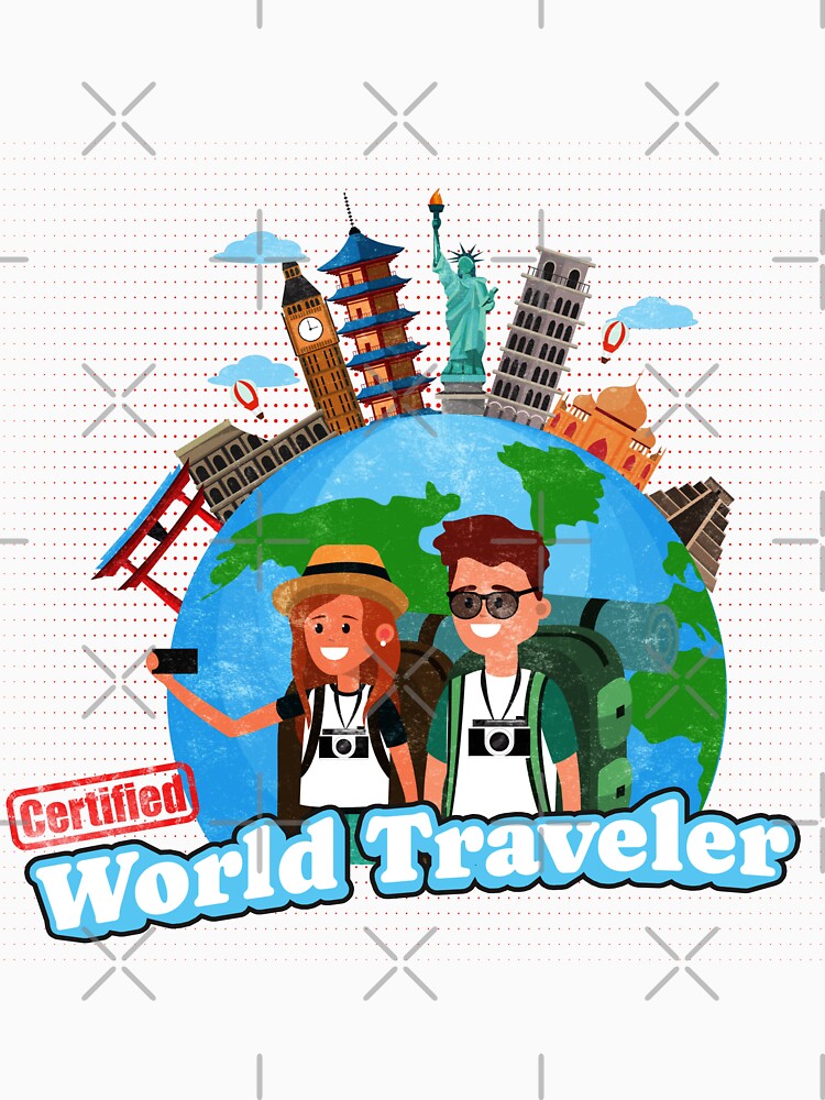 Certified World Traveler – Funny Backpacker Couple Travel Design with Global Landmarks by DonnaRaine