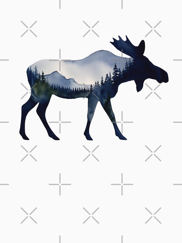 Moose Silhouette with inlay watercolor nature scene of a National Park, Forest, Trees Save Wilderness for Wildlife Hiking Camping Classic T-Shirt sticker by Mama.Does.Designs