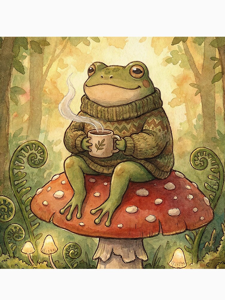 Cozy Goblincore Frog: Sweater & Tea on a Mushroom by AgingeR