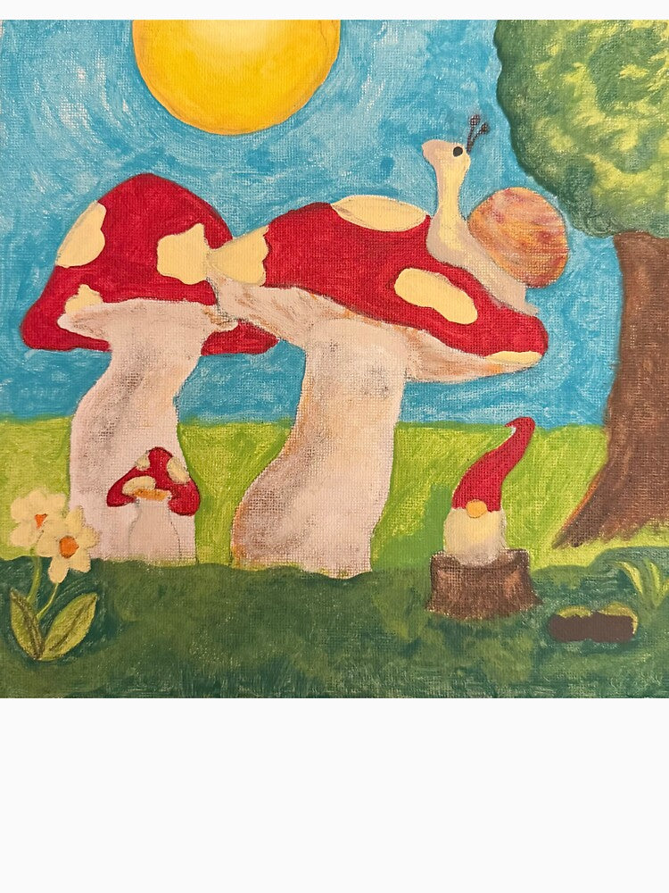 hand painted whimsical snail in the sun sitting on a mushroom w/ gnome friend by knightowl02