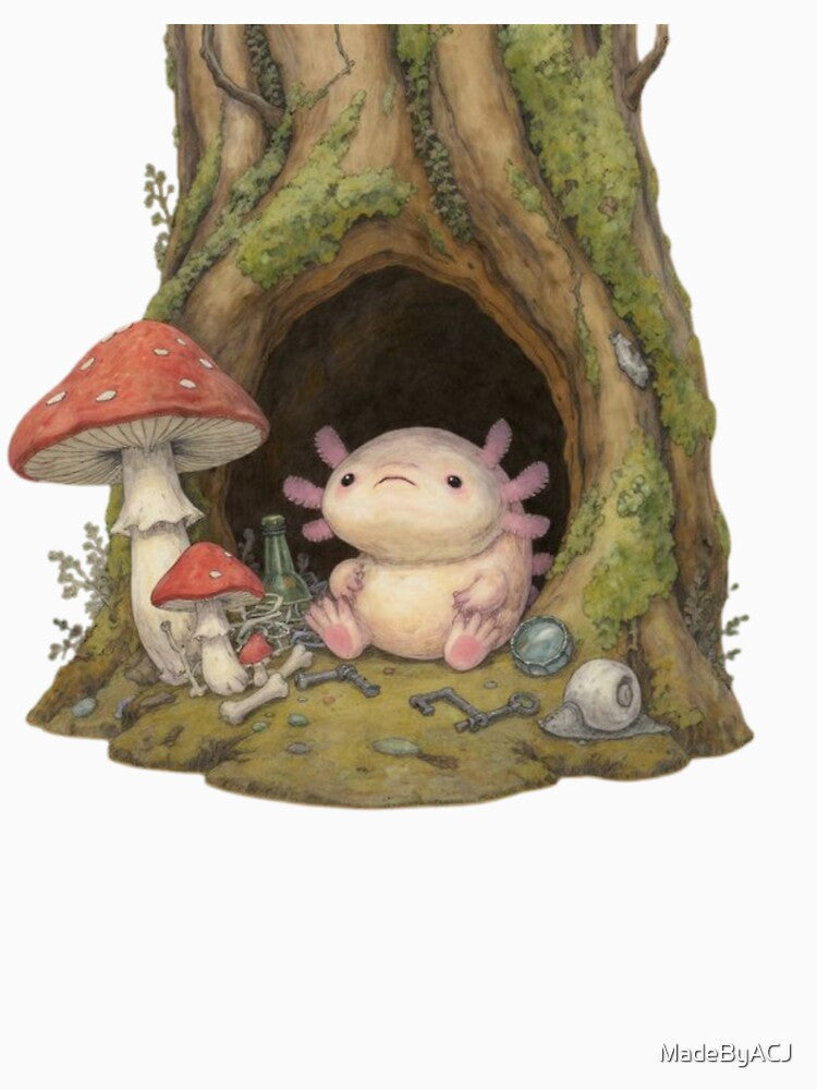 Enchanted Forest Axolotl – Fantasy Creature in Tree Hollow Goblincore Art by MadeByACJ