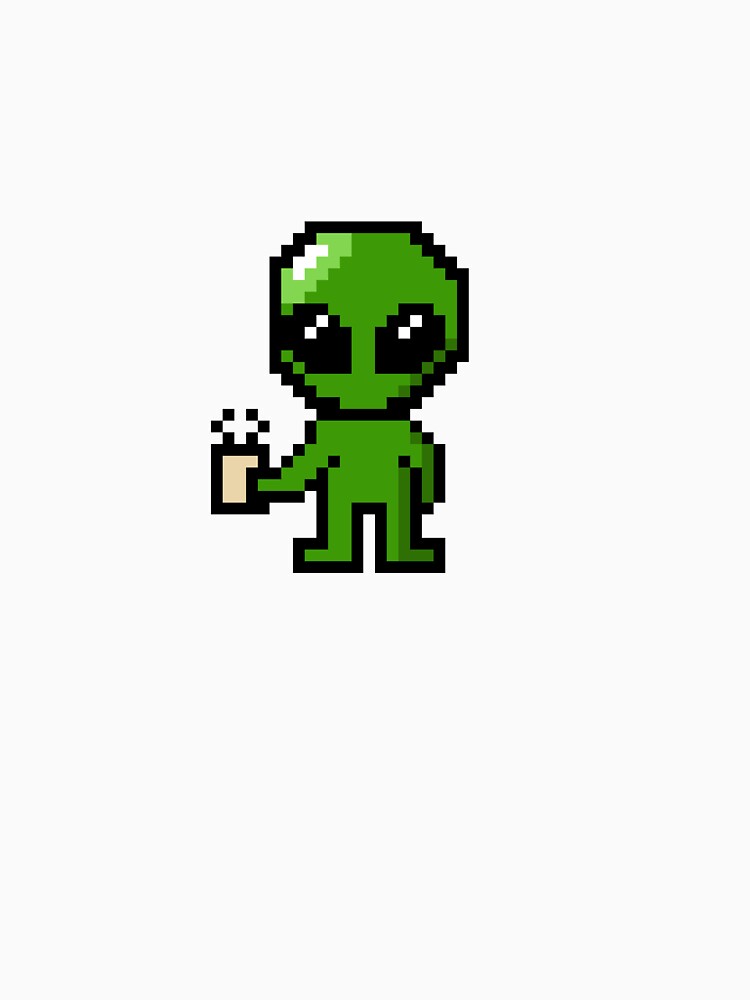 Pixelated alien holding coffee by Rainy Day Pixels