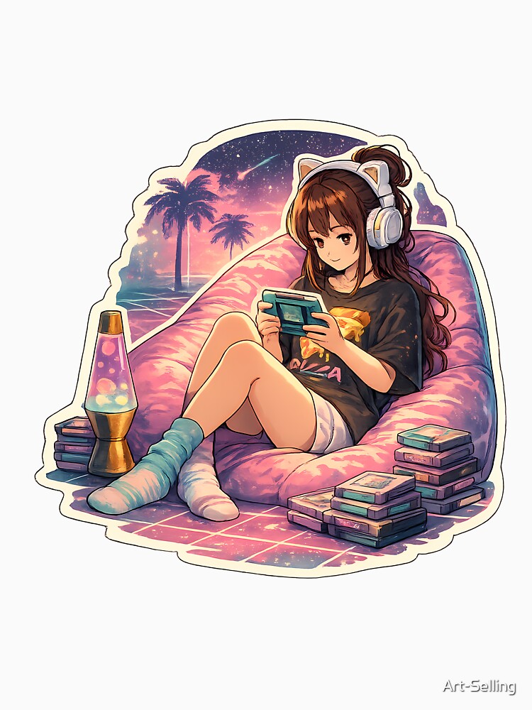 Lo Fi Girl Retro Gaming Anime Aesthetic Vaporwave Gamer Girl Cozy 90s Anime Sticker by Art-Selling