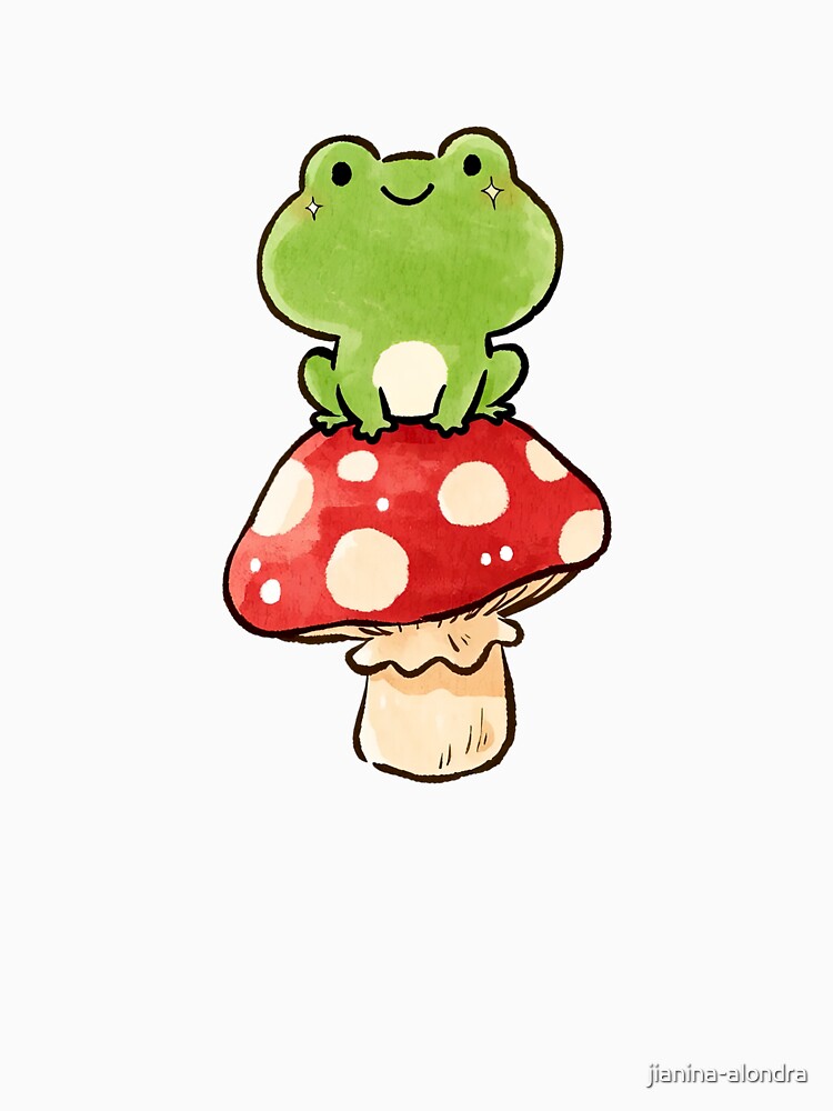 Cute Frog Sitting On Mushroom Illustration by jianina-alondra