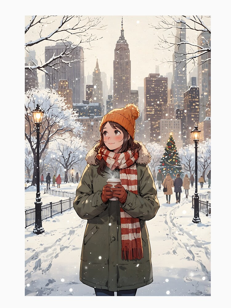 Anime Woman in Winter, Central Park, New York – Cozy Snowy Stroll by Chibifaceneko