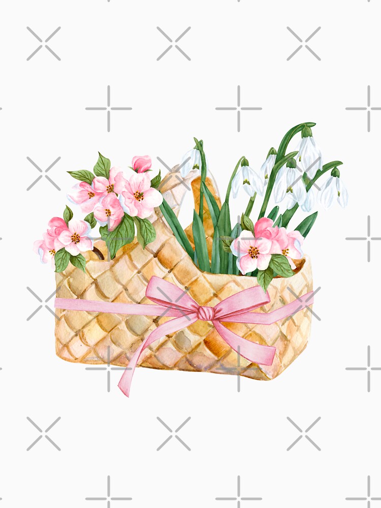 Cherry flowers and snowdrop flowers bouquet in a Wicker Picnic Basket : watercolor Spring illustration by HappyNoireArt