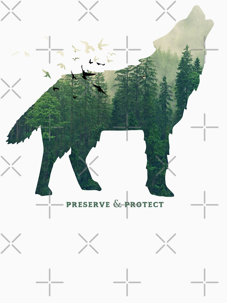 Preserve & Protect Wolf Silhouette National Park Nature Double Exposure Forest Save the Environment Climate Change Wilderness Hiking Camping by lanynx design