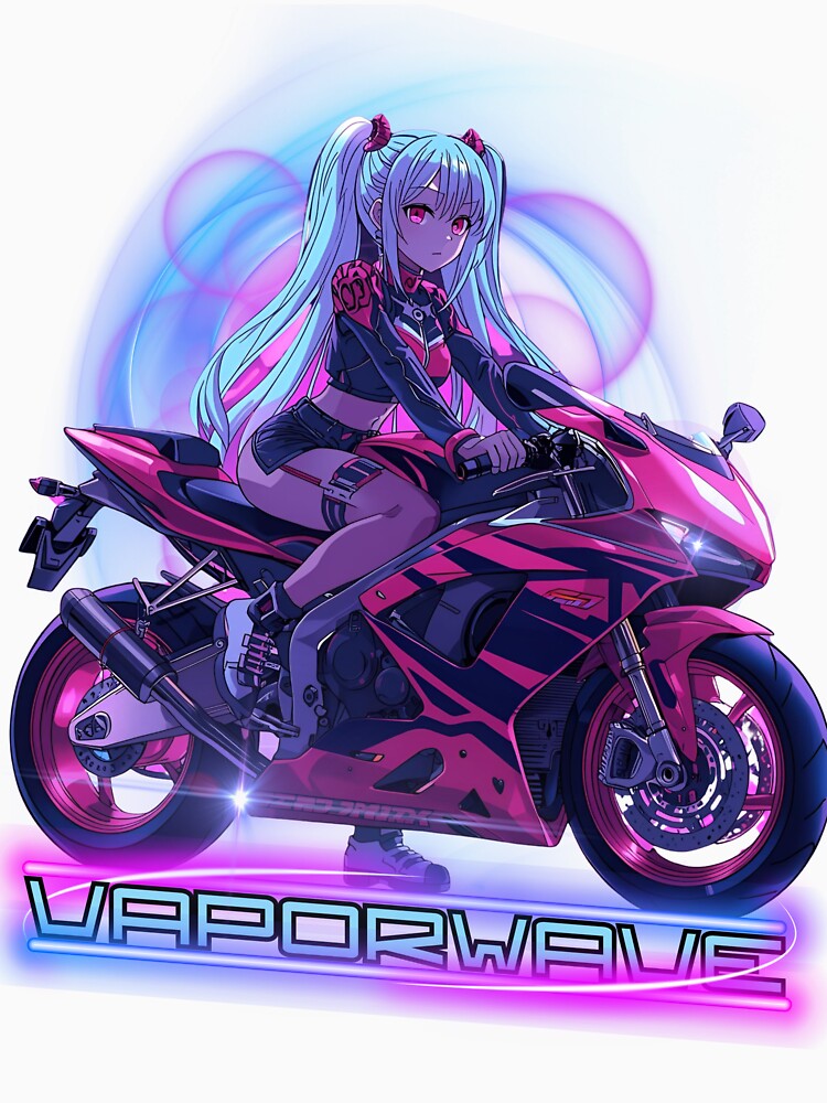 Vaporwave Anime Girl on Motorcycle,90s Retro Aesthetic Synthwave Art by WVPR