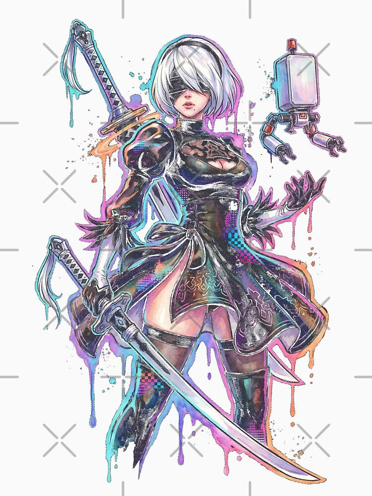 NieR Automata 2B Vaporwave Neon Japanese Text Overlay Design by Senpaiwaves