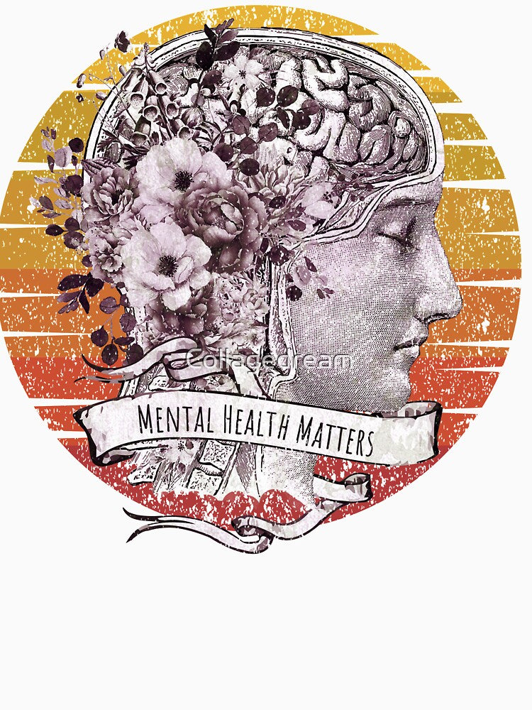 Brain anatomy floral mental health, brain psychology, sunset Vintage style, mental health matters by Collagedream