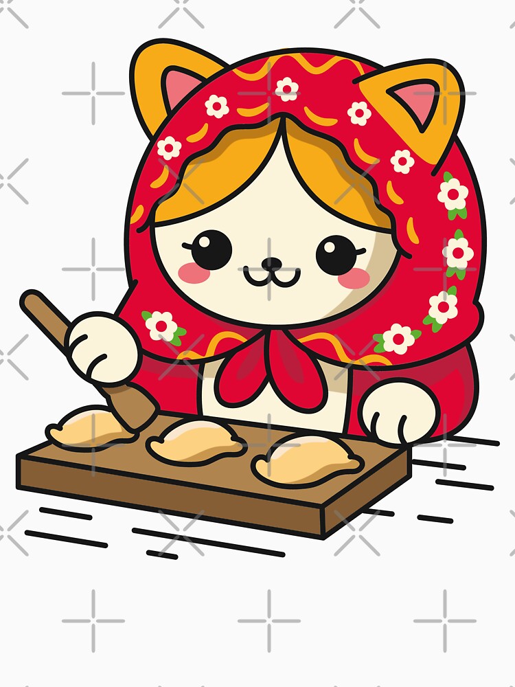Cute Cat in Red Hood Making Dumplings - Whimsical Folk Art by DrawHandArt
