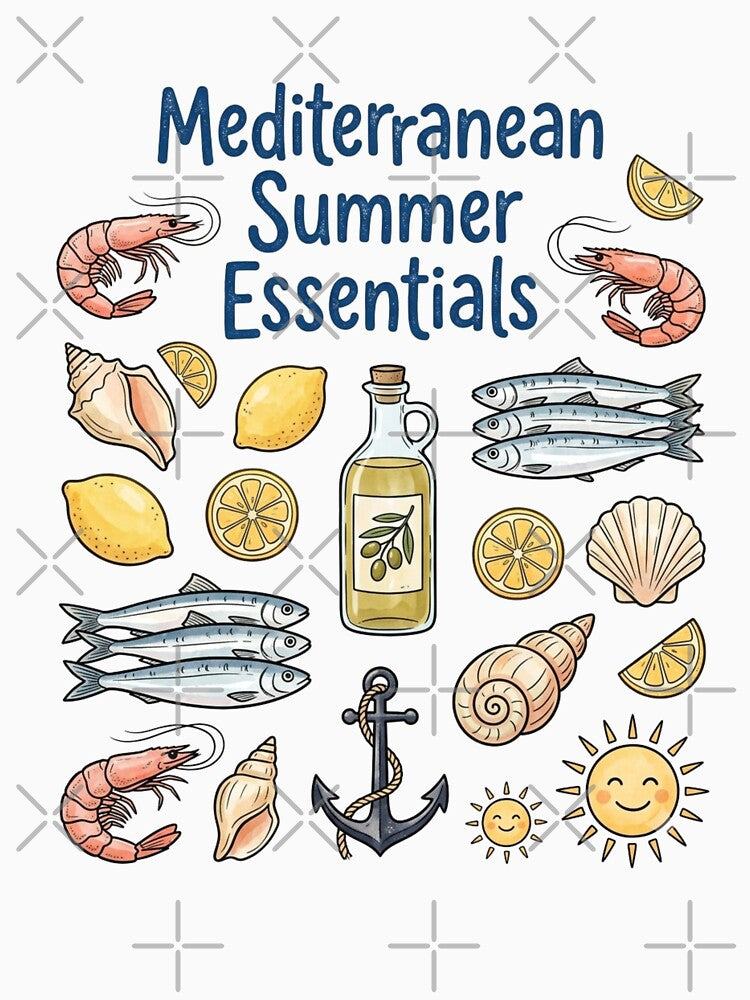 Mediterranean Summer Essentials Shirt - Cute Italian Coastal Collage Graphic Tee - Retro Seafood and Citrus T-Shirt, Sardine Shrimp Lemon Apparel, Euro Summer Gift by justyna-s28