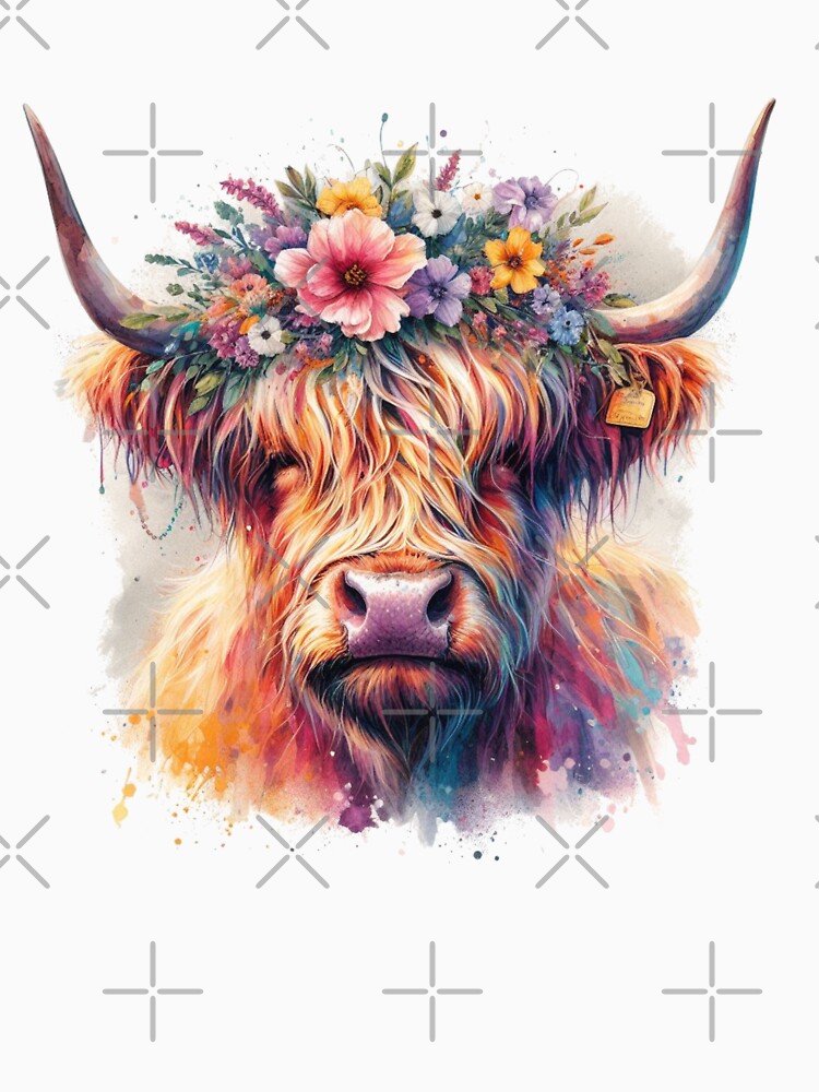 Scottish Highland Cow Wearing a Crown of Flowers Colorful Watercolor by MaedK
