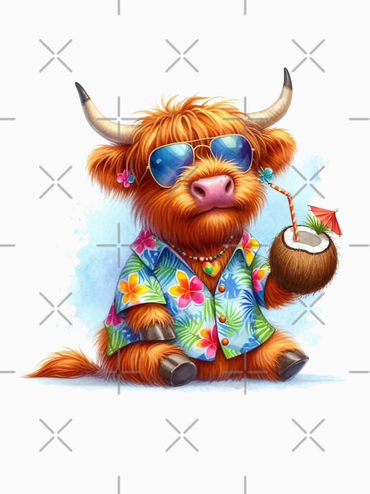 Scottish Highland Cow on Tropical Vacation Drinking a Cocktail in Shades in a Hawaiian Shirt Colorful Watercolor by MaedK