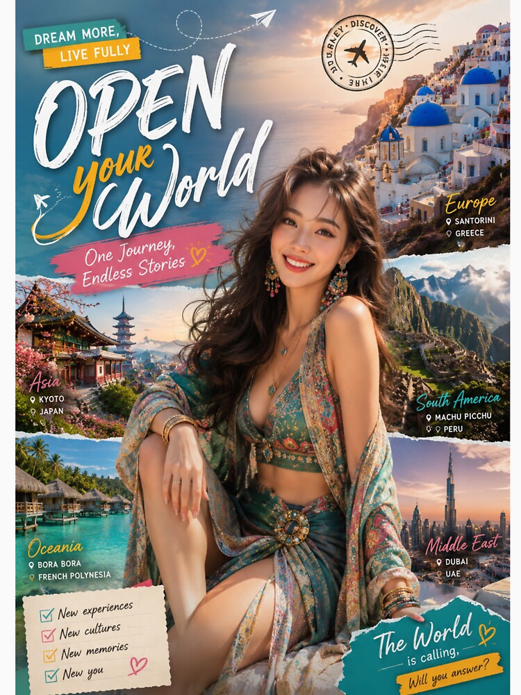 Open Your World Travel Poster | Wanderlust Adventure Aesthetic Wall Art by Inkora-Art