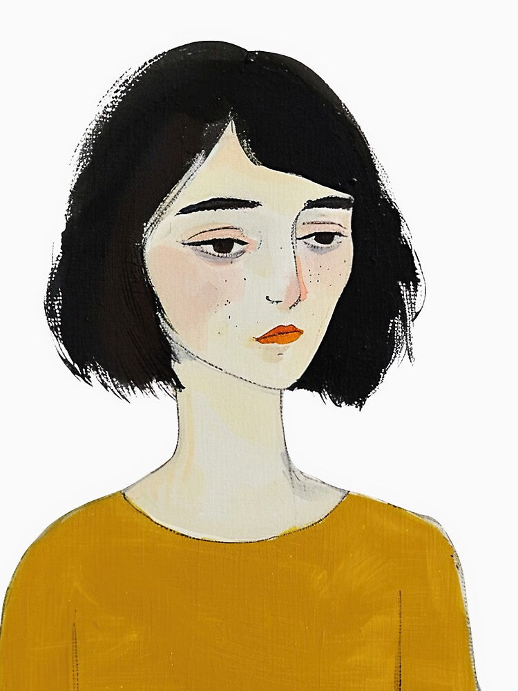 Minimalist Elegance: Black-Haired Woman Art Print by DepartToArt