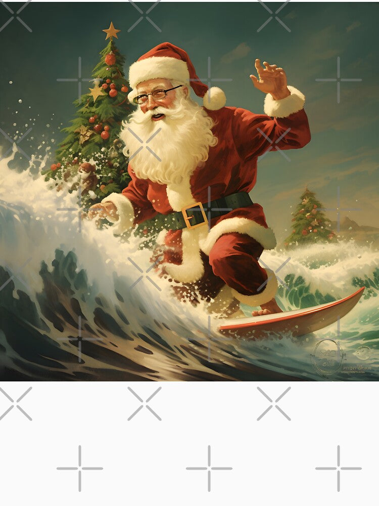 surfing christmas santa claus holiday print by dcrc