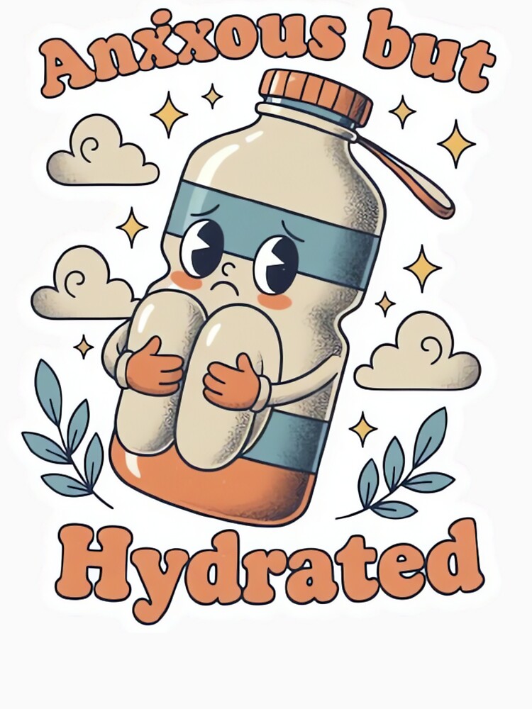 Anxious but Hydrated Cute Retro Water Bottle Anxiety Sticker Design by urbinet