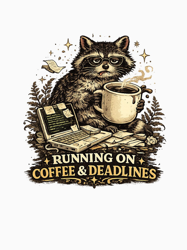 Running On Coffee And Deadlines Raccoon T-Shirt by NeonVoid Studio