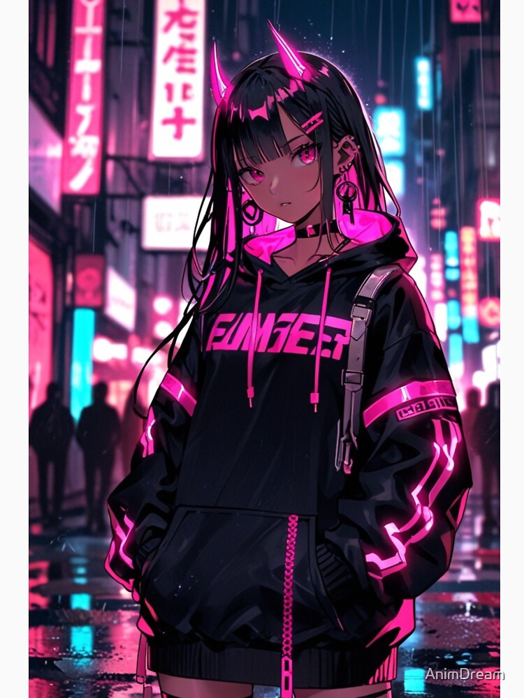 Cyber Girl Pink Neon Hoodie Anime Illustration by AnimDream
