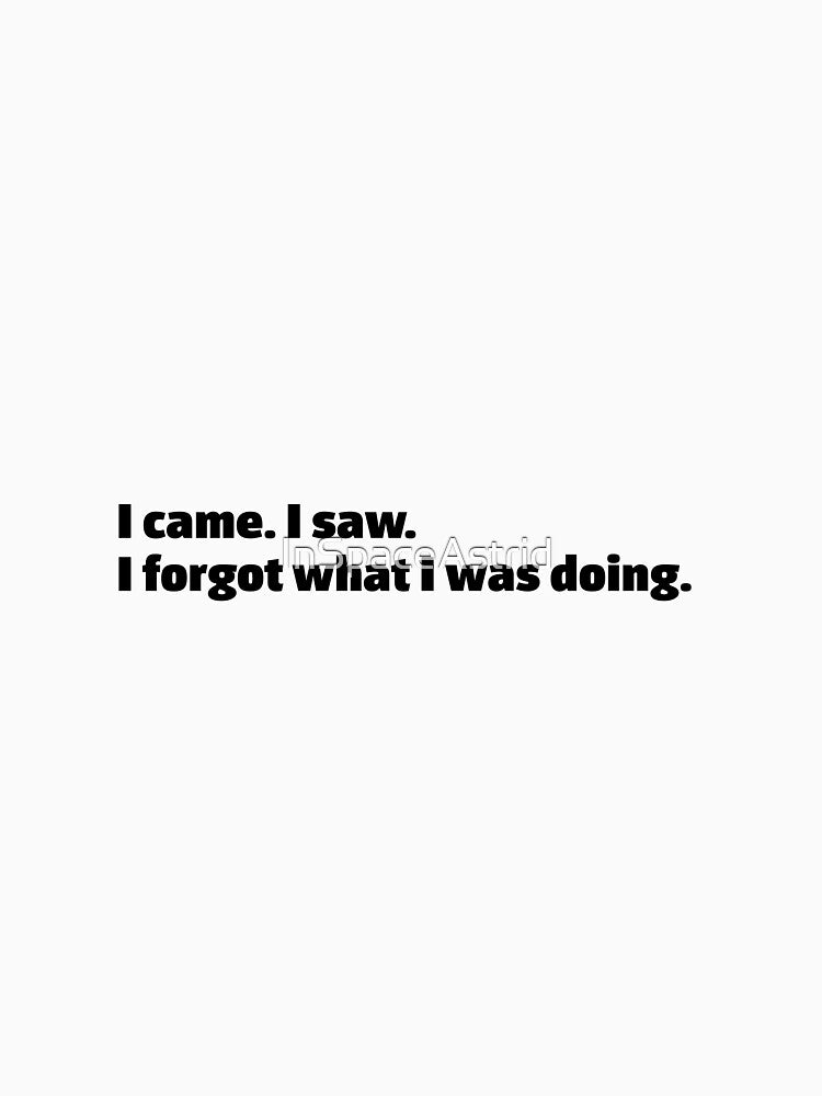 I came. I saw. I forgot what I was doing. Funny relatable quote meme by InSpaceAstrid