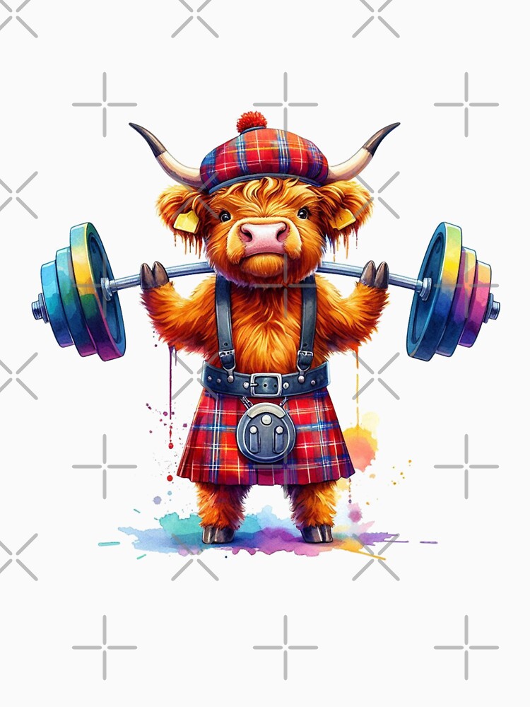 Cute Scottish Highland Cow Weightlifting Colorful Fun Watercolor by MaedK