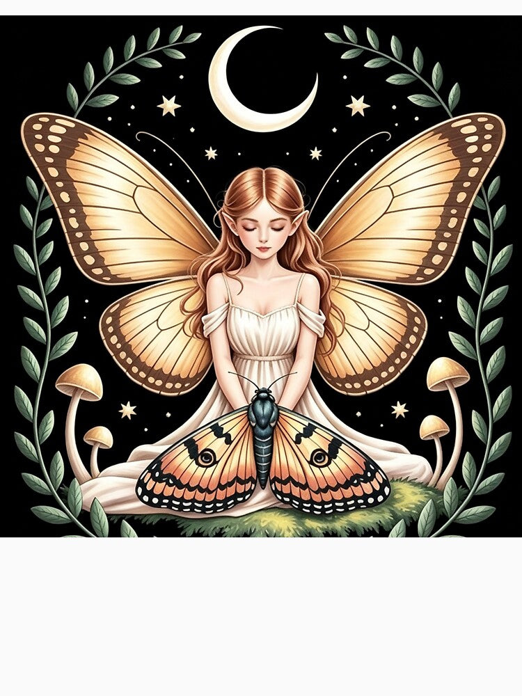 Celestial Fairy with Moth Wings Mystic Moon and Mushrooms Art by brkydesign