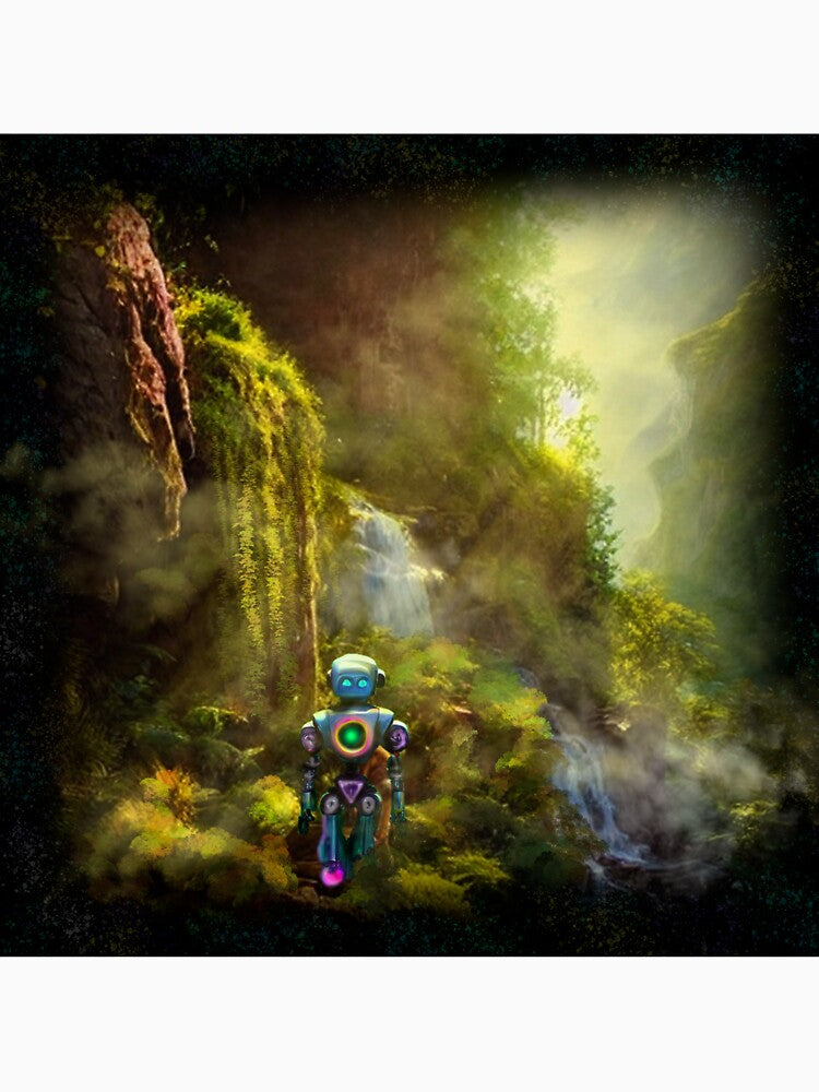 Cute Robot walking at a Cliff with Waterfall by Pixelbloomz