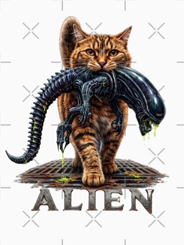 Alien The Short Version Cat Shirt – Sci-Fi Horror Parody Graphic Tee - Cat Carrying a Xenomorph – Funny Alien Sci-Fi Parody Pet Art by RaresS