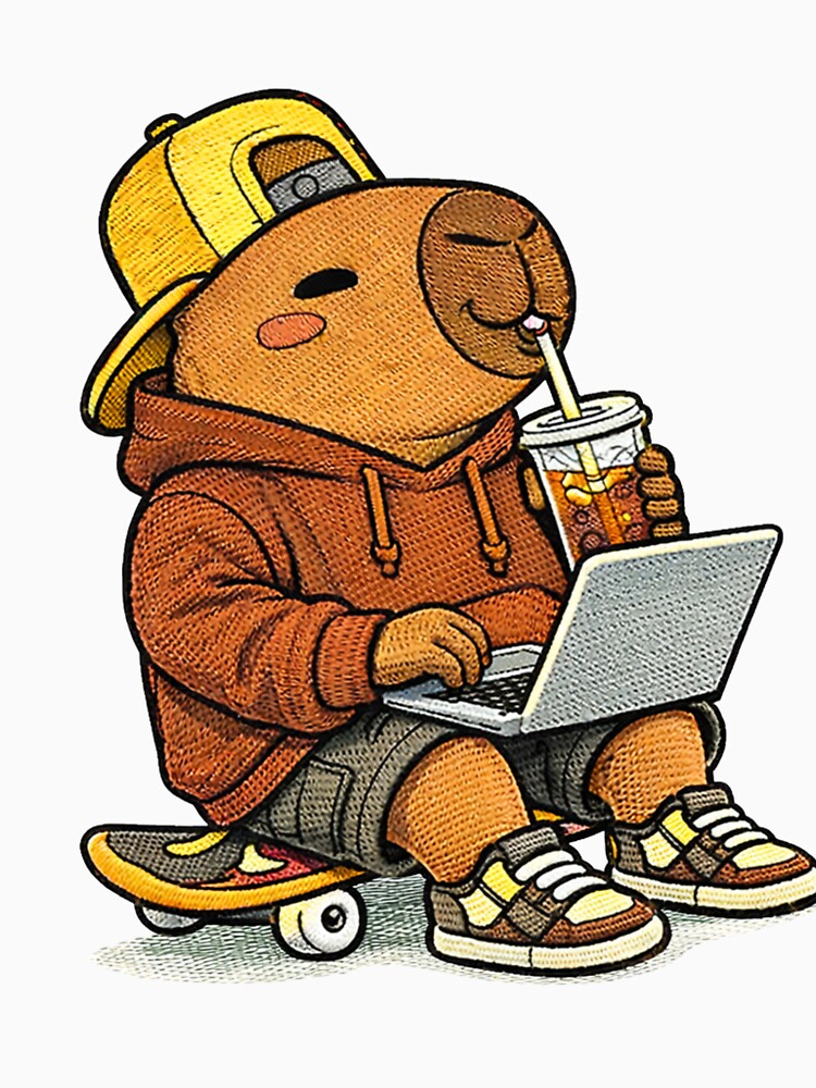 Laptop Work Capybara – Cute Kawaii Remote Work Capybara With Coffee Embroidered Patch Style by ColorSplash123