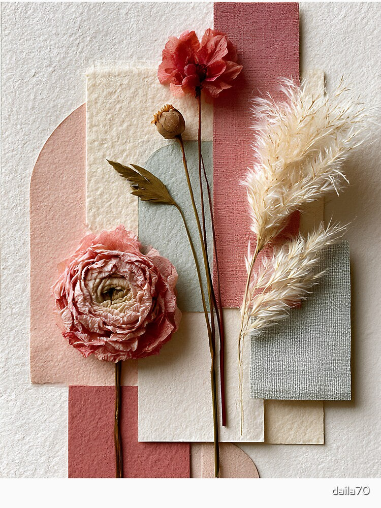 Boho Pink Ranunculus Floral Collage Abstract Art by daila70