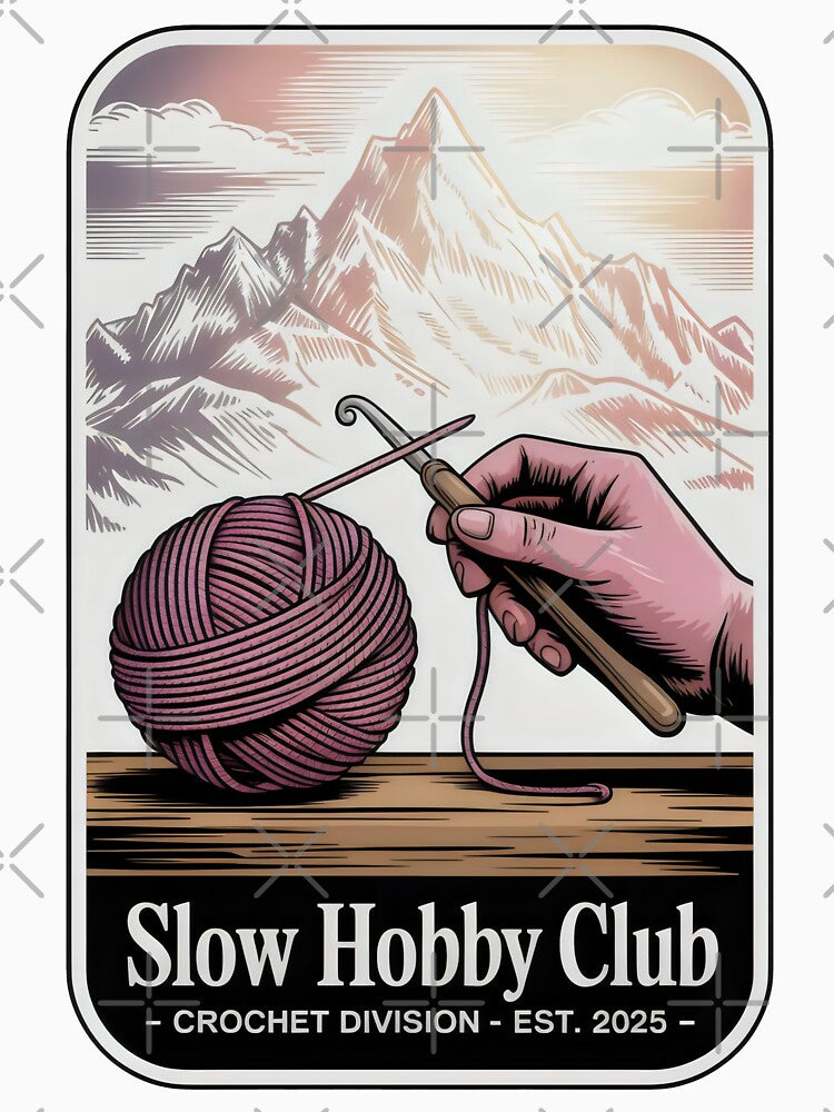 Slow Hobby Club Crochet Division Emblem with Mountains and Pink Yarn by SplashTastic