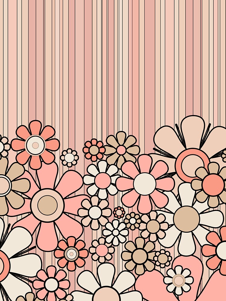 Groovy Retro Garden Flowers and Stripes Vintage Aesthetic Blush Pink and Black Floral Pattern by kierkegaard