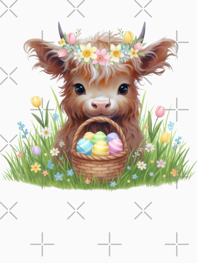 EASTER CUTE BABY HIGHLAND COW, SITTING BY AN EASTER BASKET by davidjulie