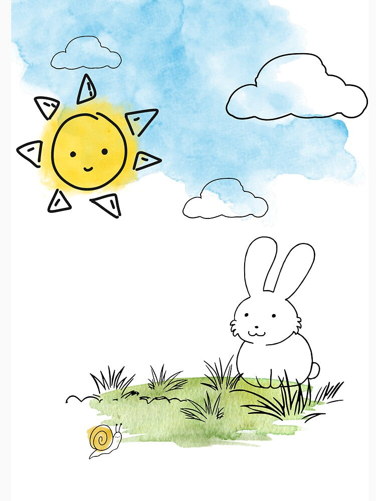 Playful Bunny and Snail – Watercolor & Line Art by AHrubnik