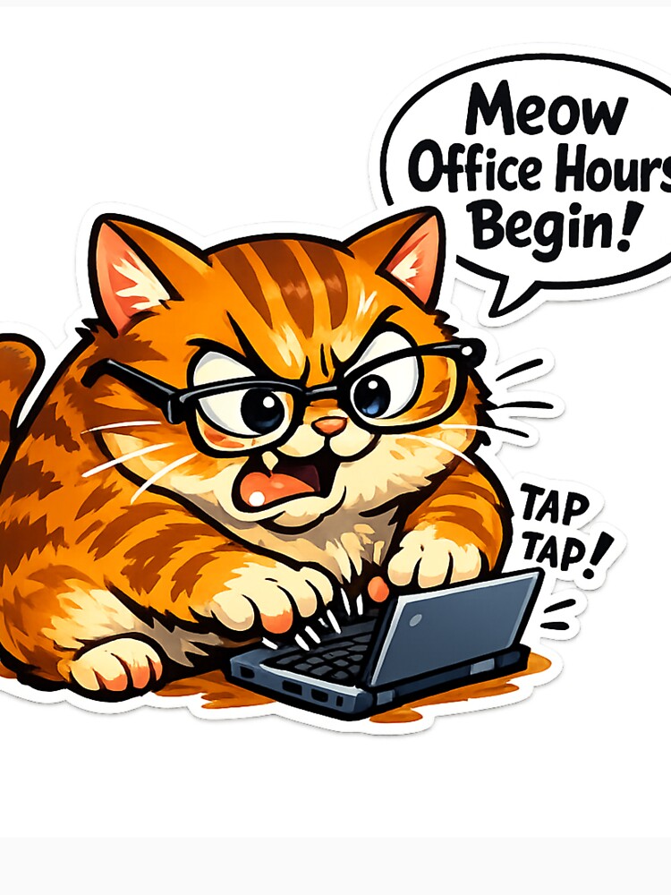 Meow Office Hours Begin – Funny Chubby Cat Working on Laptop Sticker by VibeVauilt