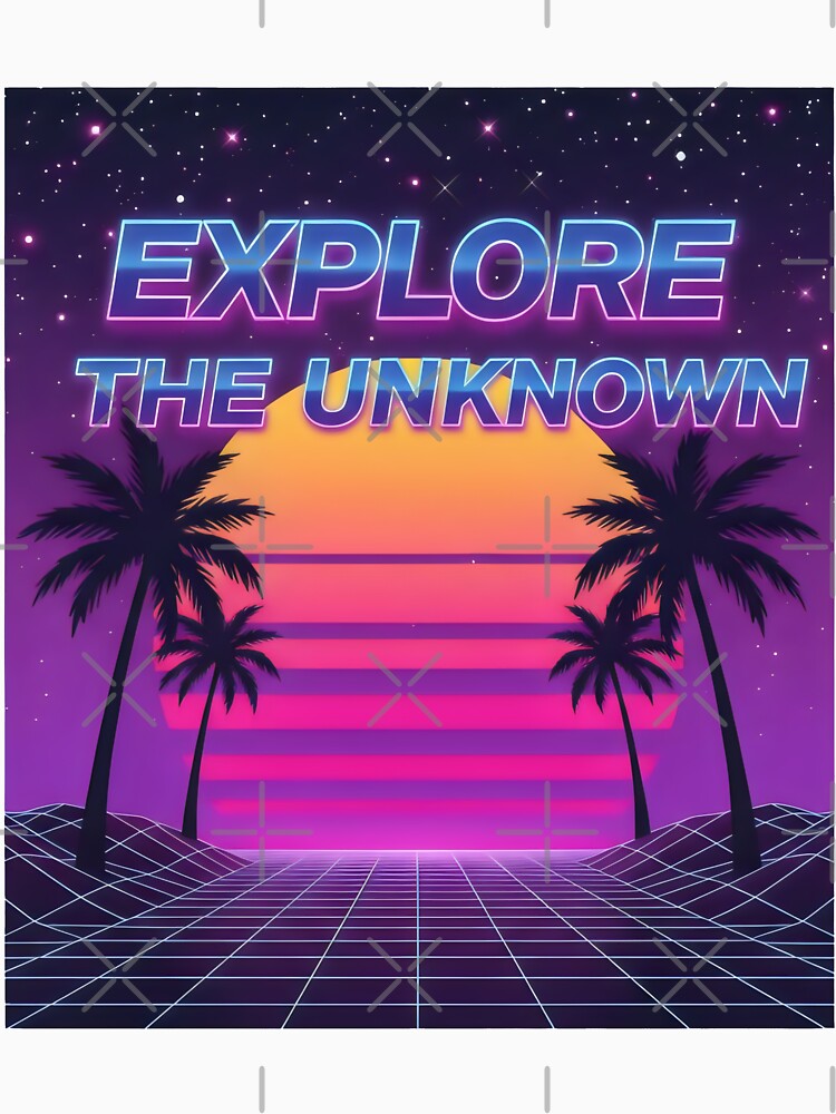 Explore the Unknown Synthwave Sunset Design with Grid, Palms and Retro Neon Vibes by SplashTastic