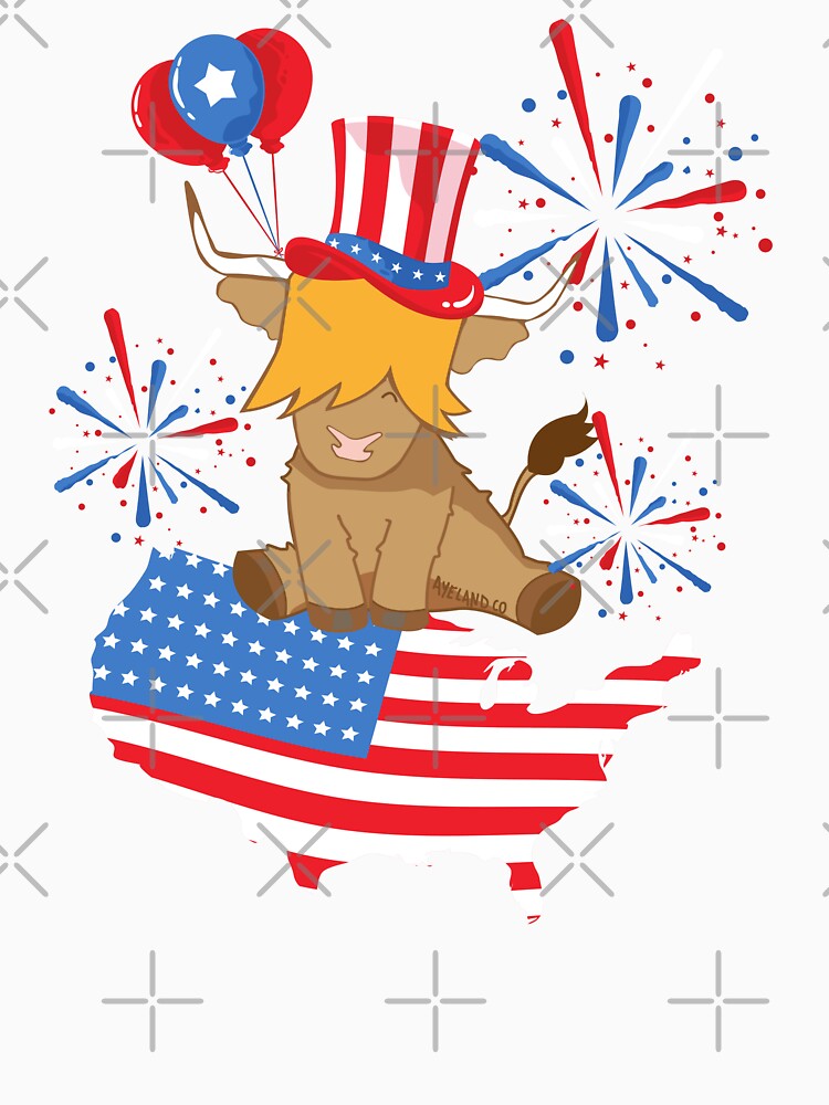 Scottish highland cow 4th of july independence celebration fireworks with USA map by Ayelandco