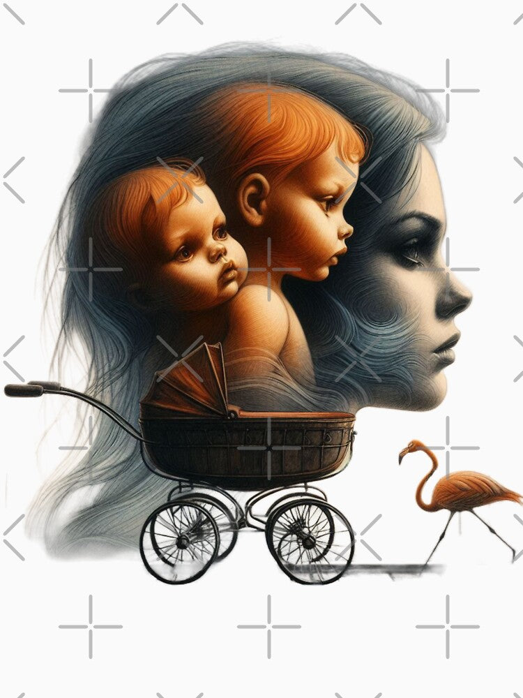 Vintage Twin Babies and Flamingo Motherhood Surreal Art by LujziWorld