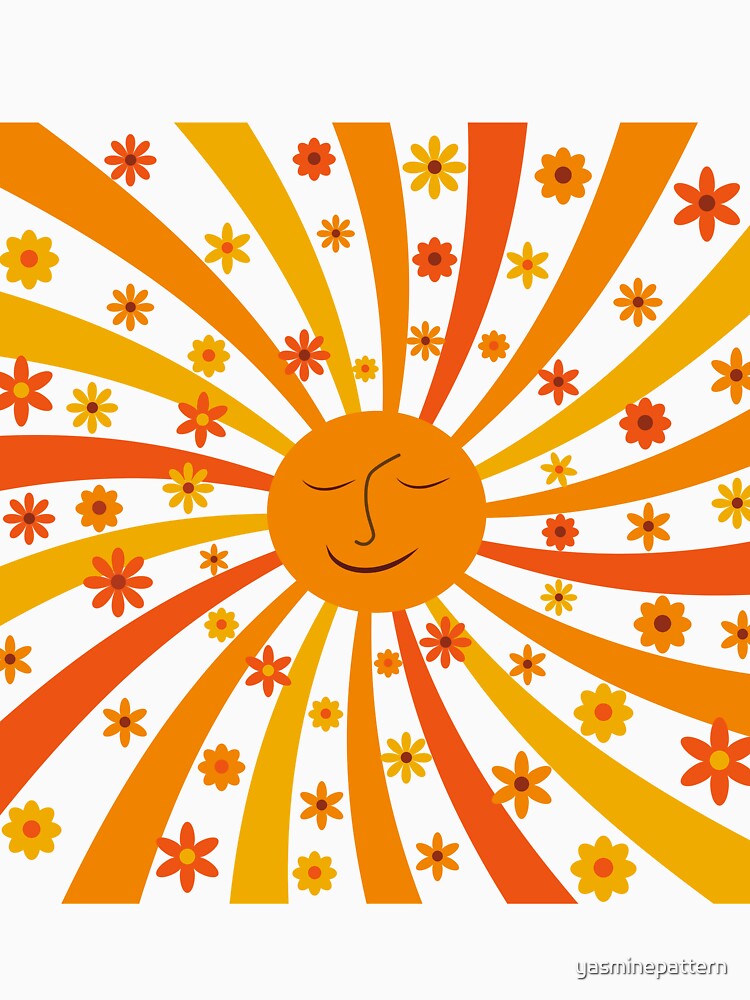 Retro Groovy Smiling Sun with hippie flowers by Yasminepatterns