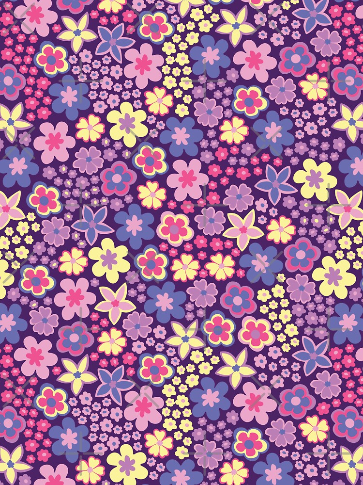 Purple 60s retro flower power, retro purpl, pink, pastel yellow, 60s groovy pattern, hippie flowers by blomastudios