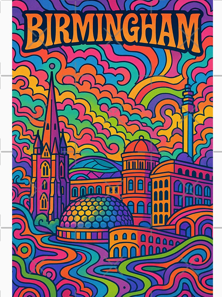 Vibrant Psychedelic Art Poster | Retro Birmingham Cityscape | Colorful Vintage Style Wall Art | 70s Inspired Urban Design | Bold Graphic Print by PaintedPixels01