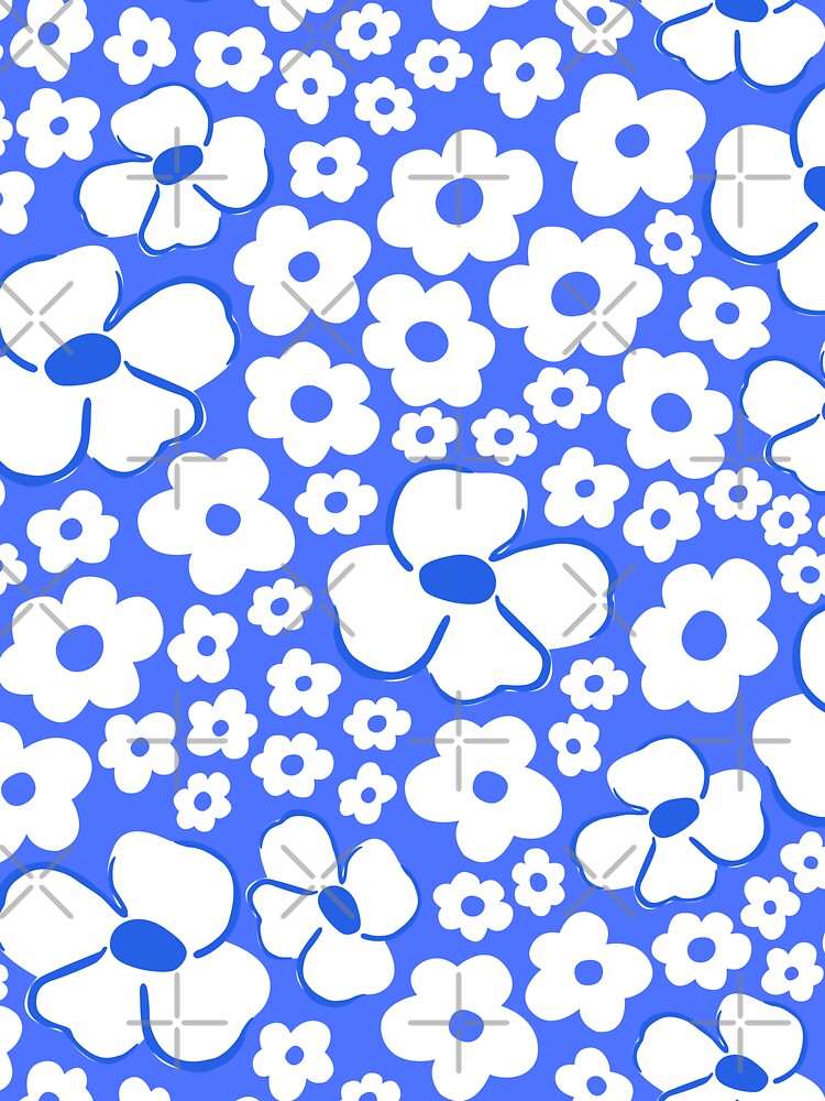 big cute  florals bright blue danish style flowers super retro groovy 60s 70s era by blomastudios